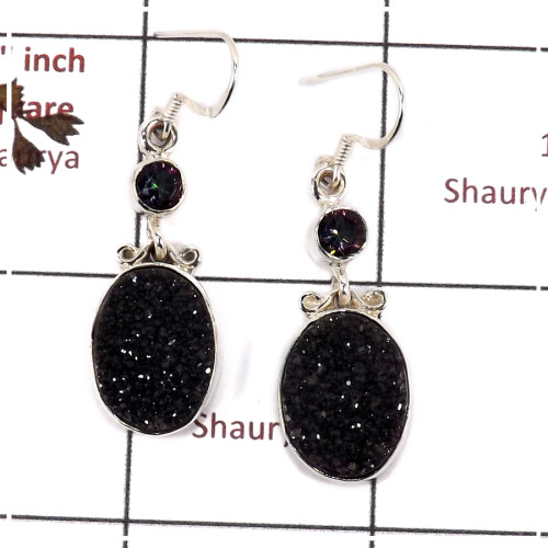 Flat Druzy & Mystic Cut O - SPE811-Sparkling Black Flat Druzy Stone 925 Silver Plain Setting Earrings