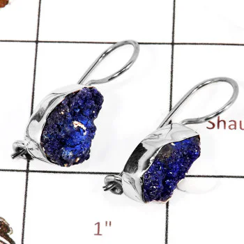 Azurite Rough C - SPE808-Indian Factory Made Blue Azurite Rough Stone Earrings 925 Sterling Silver Plain Setting