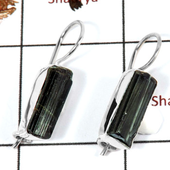 Green Tourmaline Rough G - SPE805-Solid 925 Silver Plain Setting Tourmaline Rough Stone Earrings Handmade Collection
