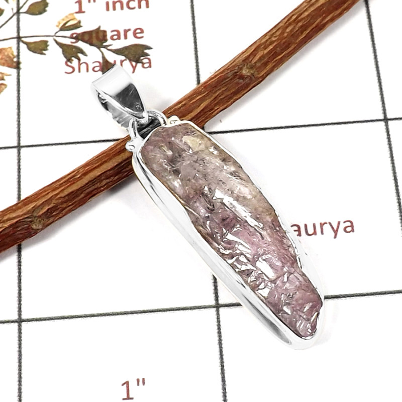 Kunzite Rough C - RPP971-Gorgeous Natural Pink Kunzite Rough Pendant 925 Sterling Silver