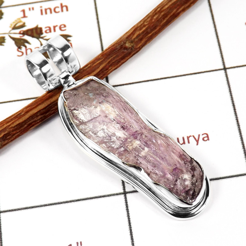 Kunzite Rough D - RPP971-Gorgeous Natural Pink Kunzite Rough Pendant 925 Sterling Silver
