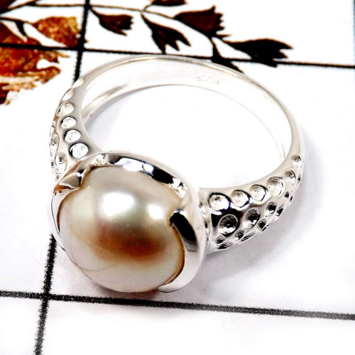 Pearl Cab F - BDR952-925 Sterling Silver Light Weight Tinny Ring Cab Gemstone Collection India