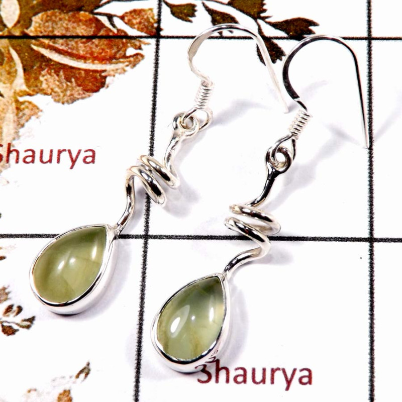 Prehnite Cab B - SBP956-Solid 925 Sterling Silver Spring Design Earrings Cab Gemstone Handmade Collection Prehnite Cab B - SBP956-Solid 925 Sterling Silver Spring Design Earrings Cab Gemstone Handmade Collection