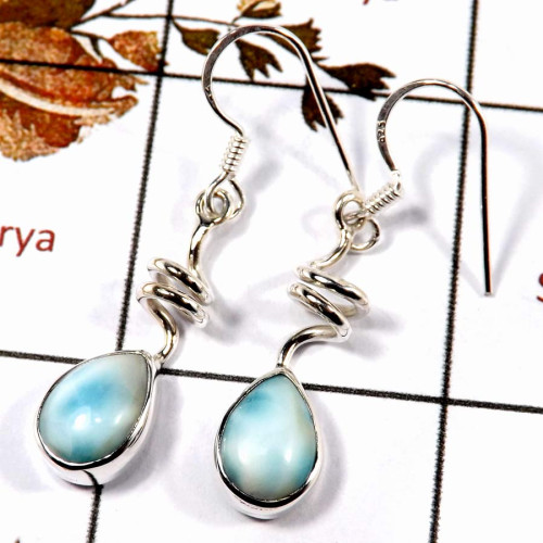 Larimar Cab E - SBP956-Solid 925 Sterling Silver Spring Design Earrings Cab Gemstone Handmade Collection