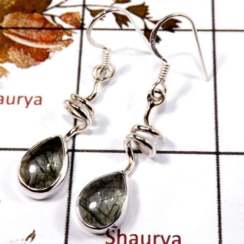 Black Rutile Cab G - SBP956-Solid 925 Sterling Silver Spring Design Earrings Cab Gemstone Handmade Collection