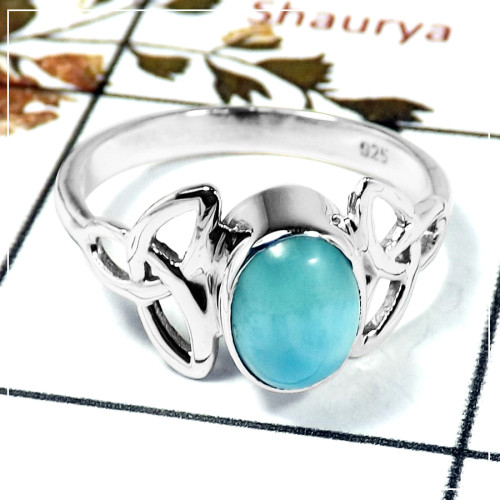 Larimar Cab B - SDR587-Solid 925 Sterling Silver Trinity Design Ring With Cab Gemstone