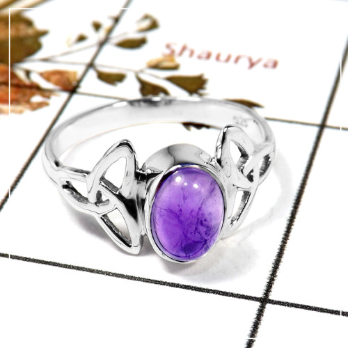 Amethyst Cab C - SDR587-Solid 925 Sterling Silver Trinity Design Ring With Cab Gemstone