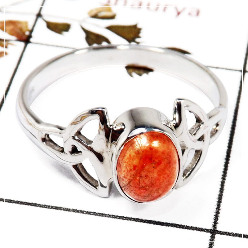 Sponge Coral Cab D - SDR587-Solid 925 Sterling Silver Trinity Design Ring With Cab Gemstone