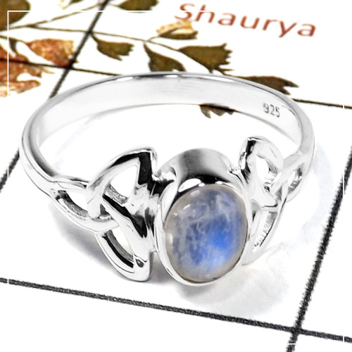 Rainbow Moonstone Cab F - SDR587-Solid 925 Sterling Silver Trinity Design Ring With Cab Gemstone