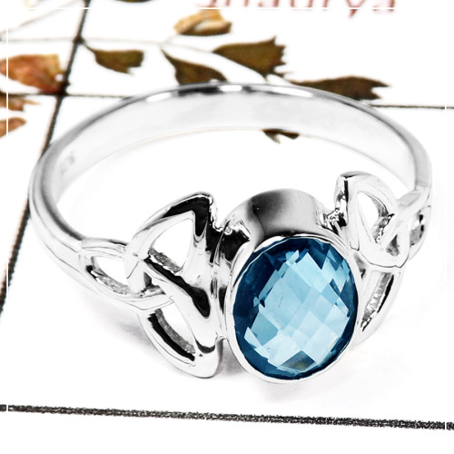 Blue Topaz Cut A - SDR586-Handmade Design Cut Gemstone Celtic Trinity Ring 925 Sterling Silver