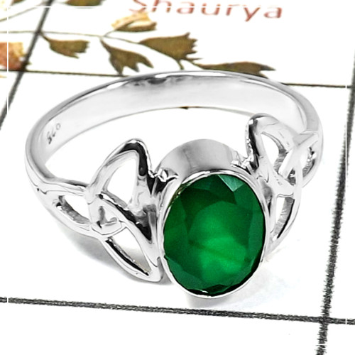 Green Onyx Cut C - SDR586-Handmade Design Cut Gemstone Celtic Trinity Ring 925 Sterling Silver