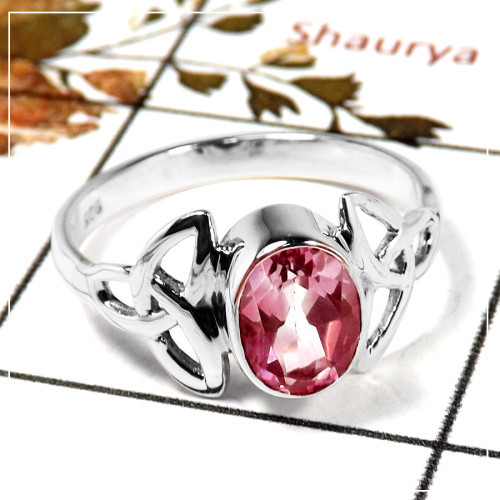 Pink Topaz Cut O - SDR586-Handmade Design Cut Gemstone Celtic Trinity Ring 925 Sterling Silver