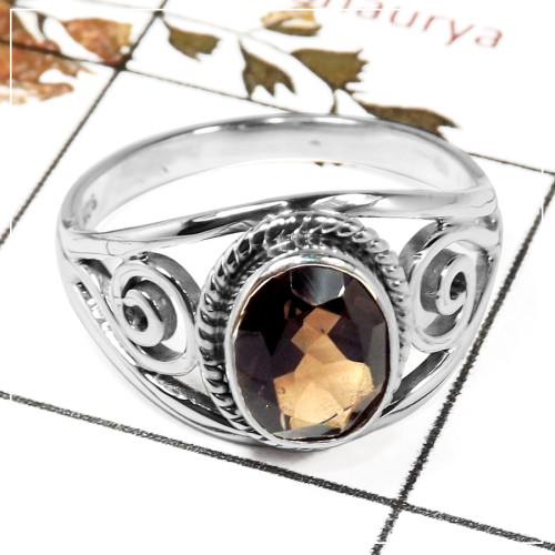 Smokey Cut B - SDR584-Awesome Semiprecious Cut Stone Ring Solid 925 Sterling Silver