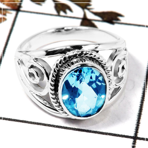 Blue Topaz Cut F - SDR584-Awesome Semiprecious Cut Stone Ring Solid 925 Sterling Silver