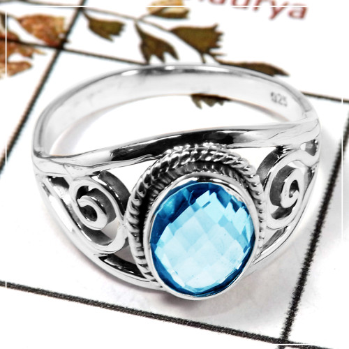 Blue Topaz Cut G - SDR584-Awesome Semiprecious Cut Stone Ring Solid 925 Sterling Silver