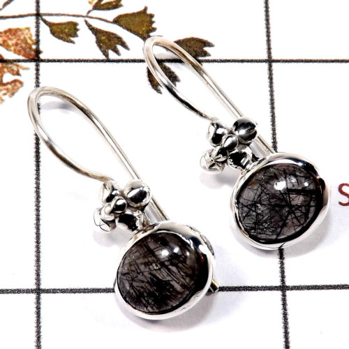 Black Rutile Cab B - SDE702-Latest Collection Cab Gemstone Designer Earrings 925 Sterling Silver