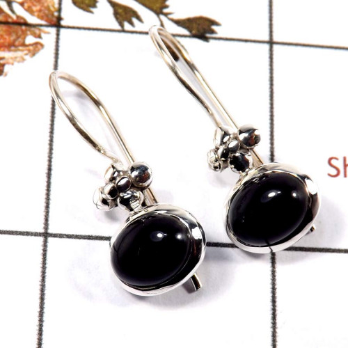 Black Onyx Cab F - SDE702-Latest Collection Cab Gemstone Designer Earrings 925 Sterling Silver