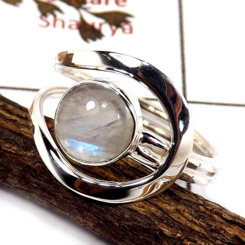 Rainbow Moonstone B - SDR580-Indian Factory Made Cab Gemstone Designer Ring 925 Sterling Silver