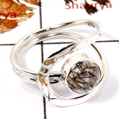 Black Rutile O - SDR580-Indian Factory Made Cab Gemstone Designer Ring 925 Sterling Silver