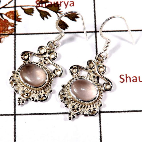 Rose Quartz Cab A - SDE700-Solid 925 Silver Cab Gemstone Designer Earrings Handmade Collection