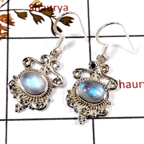 Rainbow Moonstone Cab E - SDE700-Solid 925 Silver Cab Gemstone Designer Earrings Handmade Collection