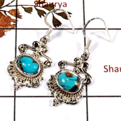 Blue Copper Turquoise Cab O - SDE700-Solid 925 Silver Cab Gemstone Designer Earrings Handmade Collection