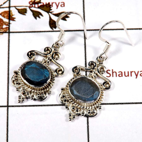 Labradorite Cut B - SDE699-New Collection Semiprecious Cut Stone Designer Earrings 925 Sterling Silver