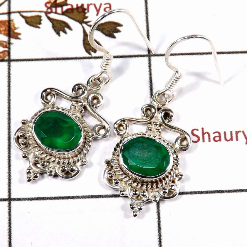 Green Onyx Cut O - SDE699-New Collection Semiprecious Cut Stone Designer Earrings 925 Sterling Silver