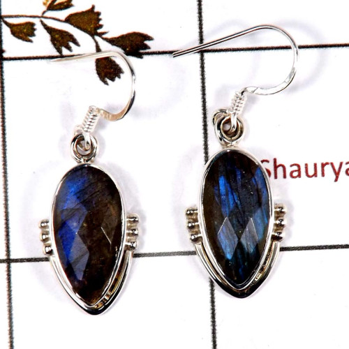 Labradorite Cut A - SDE695-Solid 925 Sterling Silver Designer Dangle Earrings Cab & Cut Gemstone