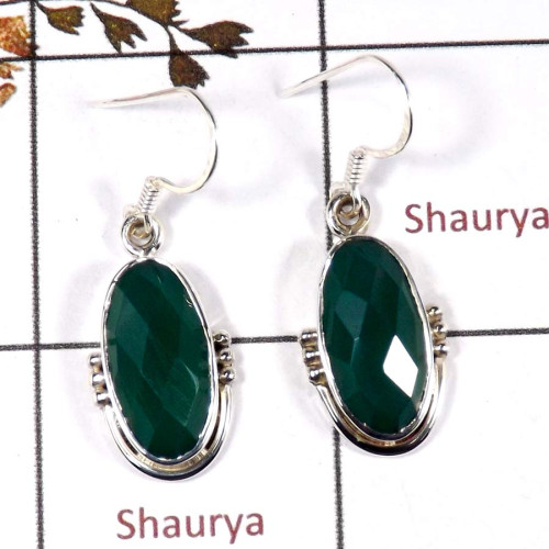 Green Onyx Cut B - SDE695-Solid 925 Sterling Silver Designer Dangle Earrings Cab & Cut Gemstone