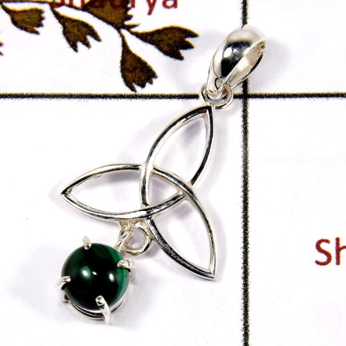 Malachite Cab B - SD569-Solid 925 Sterling Silver Trinity Design Earrings With Cab Gemstone Malachite Cab B - SD569-Solid 925 Sterling Silver Trinity Design Earrings With Cab Gemstone