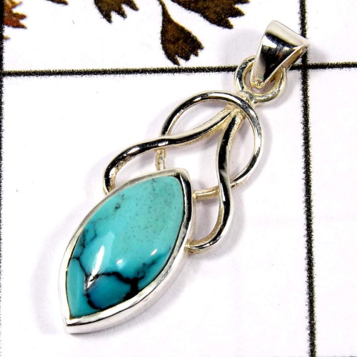 Blue Turquoise Cab B - SD566-Part Wear Cut Gemstone Designer Pendant 925 Sterling Silver Blue Turquoise Cab B - SD566-Part Wear Cut Gemstone Designer Pendant 925 Sterling Silver