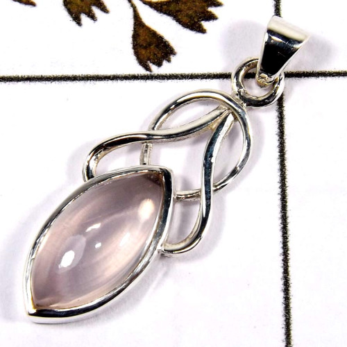 Rose Quartz Cab G - SD566-Part Wear Cut Gemstone Designer Pendant 925 Sterling Silver