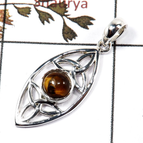 Tiger Eye Cab B - CSP928-Indian Factory Made Trinity Design Pendant Cab Gemstone 925 Sterling Silver Tiger Eye Cab B - CSP928-Indian Factory Made Trinity Design Pendant Cab Gemstone 925 Sterling Silver