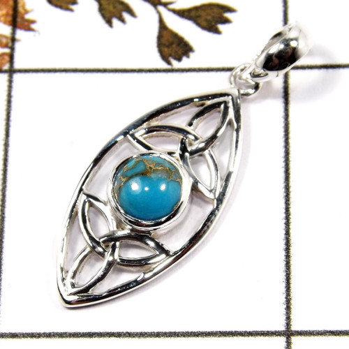 Blue Copper Turquoise Cab C - CSP928-Indian Factory Made Trinity Design Pendant Cab Gemstone 925 Sterling Silver Blue Copper Turquoise Cab C - CSP928-Indian Factory Made Trinity Design Pendant Cab Gemstone 925 Sterling Silver