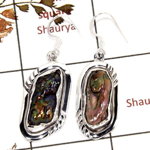 Biwa Pearl C - SDE691-Indian Company Made Cab Gemstone Design Earrings 925 Sterling Silver