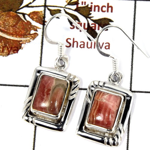 Rhodochrosite Cab O - SDE691-Indian Company Made Cab Gemstone Design Earrings 925 Sterling Silver