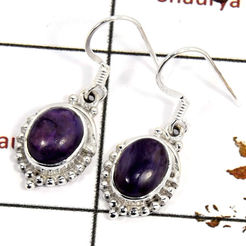 Charoite Cab A - SDE687-Indian Company Made Cab Gemstone Earrings 925 Sterling Silver