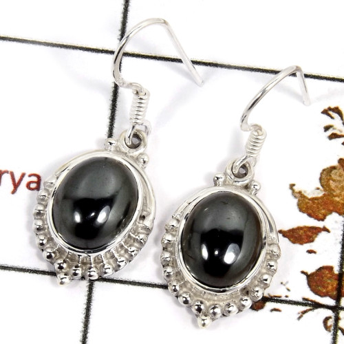 Hematite Cab D - SDE687-Indian Company Made Cab Gemstone Earrings 925 Sterling Silver