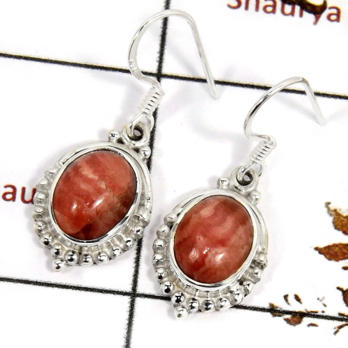 Rhodochrosite Cab G - SDE687-Indian Company Made Cab Gemstone Earrings 925 Sterling Silver