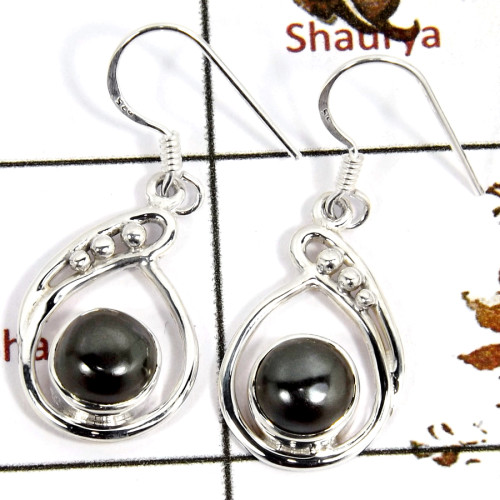 Hematite Cab A - SDE686-Solid 925 Sterling Silver Designer Earrings Semiprecious Gemstone