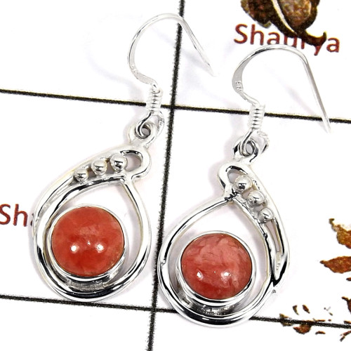 Rhodochrosite Cab E - SDE686-Solid 925 Sterling Silver Designer Earrings Semiprecious Gemstone
