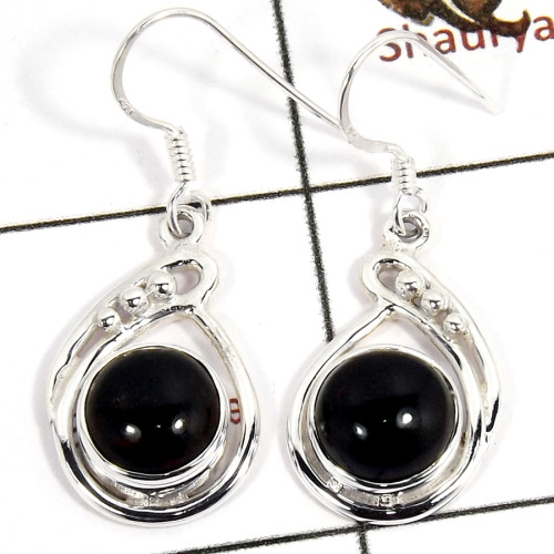 Black Onyx Cab F - SDE686-Solid 925 Sterling Silver Designer Earrings Semiprecious Gemstone
