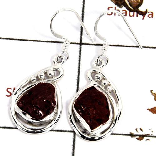Garnet Rough K - SDE686-Solid 925 Sterling Silver Designer Earrings Semiprecious Gemstone