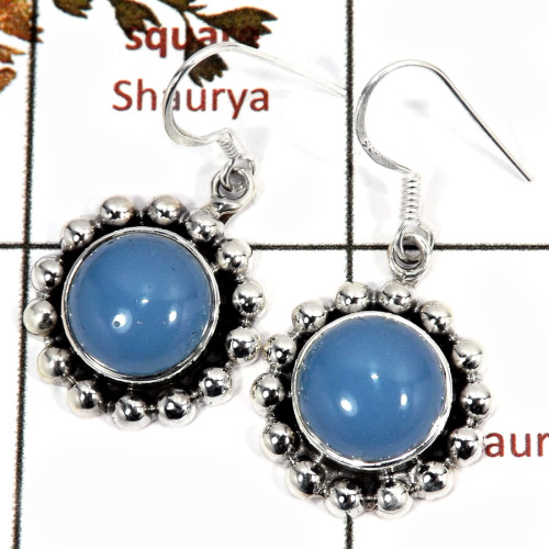 Blue Chalcedony Cab C - SDE682-925 Sterling Silver Pretty Women Designer Earrings Cut & Cab Semiprecious Stone