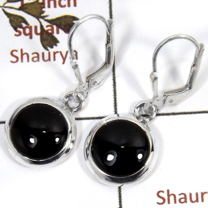 Black Onyx Cab A - SDE681-Indian Factory Made Cut Gemstone Designer Earrings 925 Sterling Silver