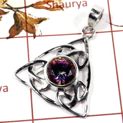 Mystic Cut B - SD558-925 Silver Celtic knot Triquetra Design Pendant Amazing Cut Gemstone