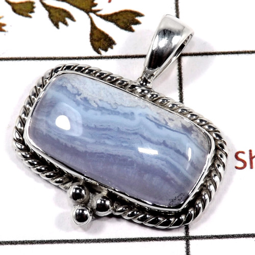 Blue Lace Agate Cab F - SD557-Indian Factory Made Semiprecious Designer Pendant 925 Sterling Silver