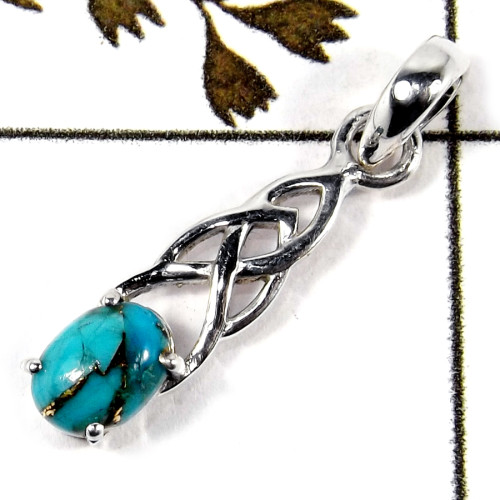 Blue Copper Turquoise Cab G - SSP817-Party Wear Celtic Design Light Wight Pendant 925 Sterling Silver Cab Gemstone