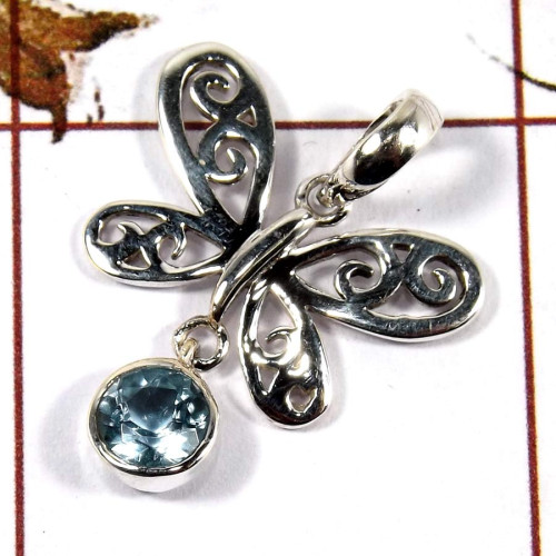 Blue Topaz Cut A - SSP814-Solid 925 Sterling Silver Butterfly Pendant Gorgeous Cut Gemstone